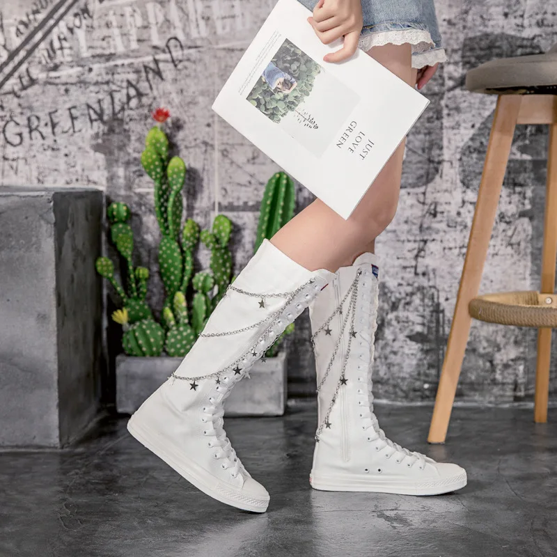 Boots Female Large Size 34-43 Knight Boots Black Slim Flat Heels Chic Metal Chain Side Zipper Front Lace Up Canvas Women's Shoes