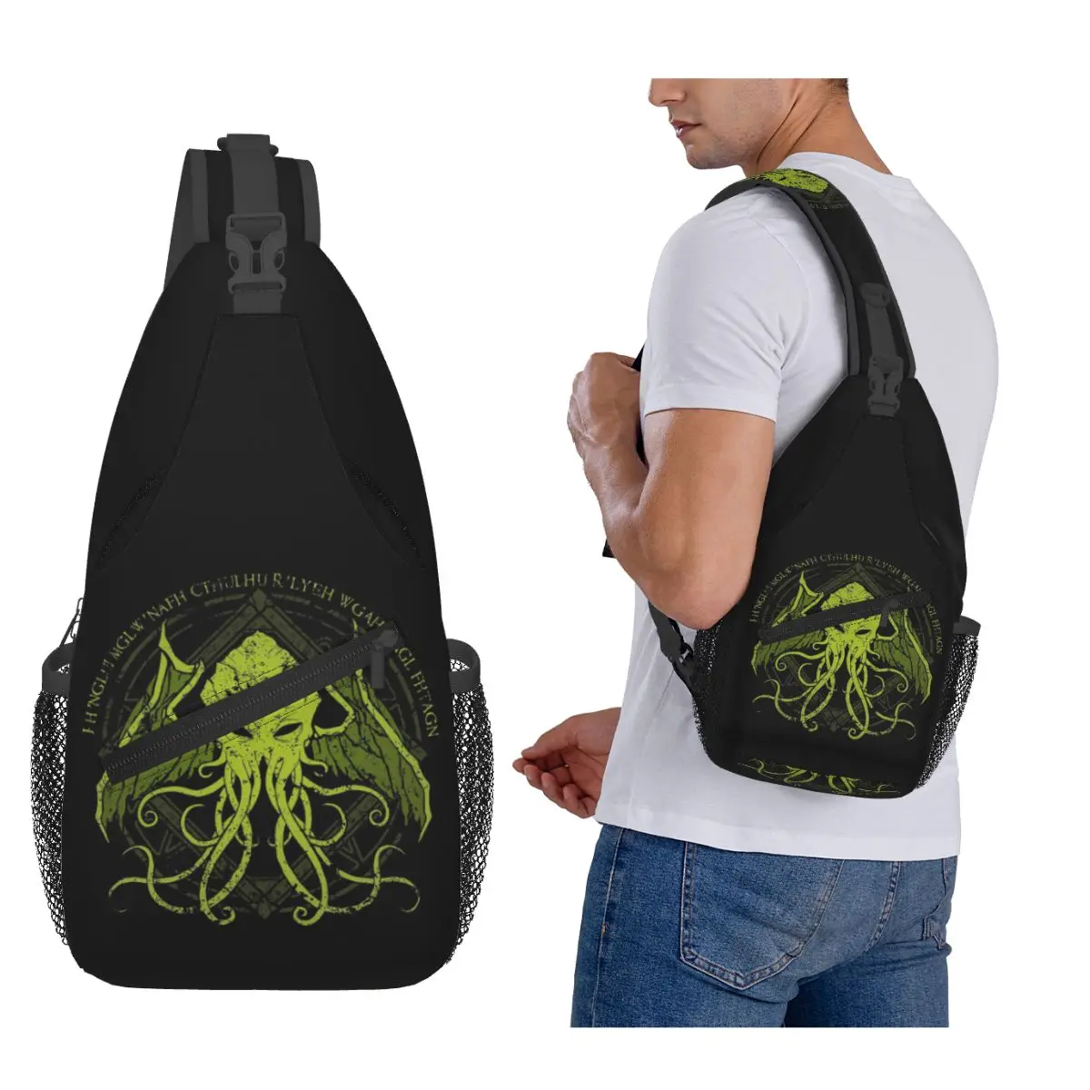 

Cthulhu - Lovecraft - Distressed Chant Design V2 Chest Bag Men Sling Crossbody Backpack Chest Bag Travel Daypack Shoulder Bag
