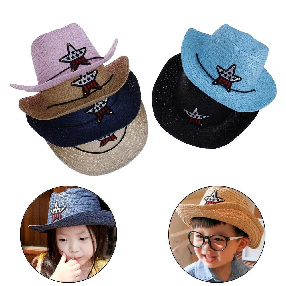 Kids Boys Girls Summer Breathable Cowboy Hat Straw Sun Cap Children Hats Pentagram Hat Fishman Hat Jazz Hat Bucket Hat