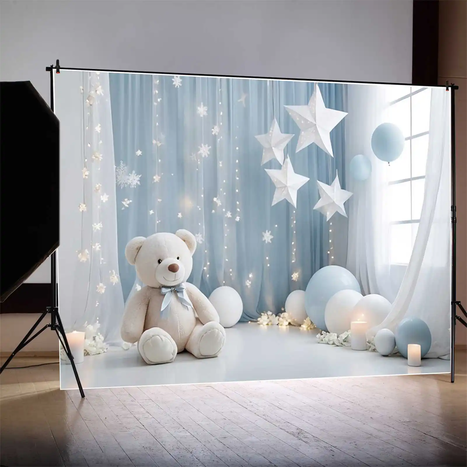 MOON.QG Star Balloon One Birthday Background Boys Drapes Curtain Teddy Bear Backdrops Custom Party Decoration Photocall Props