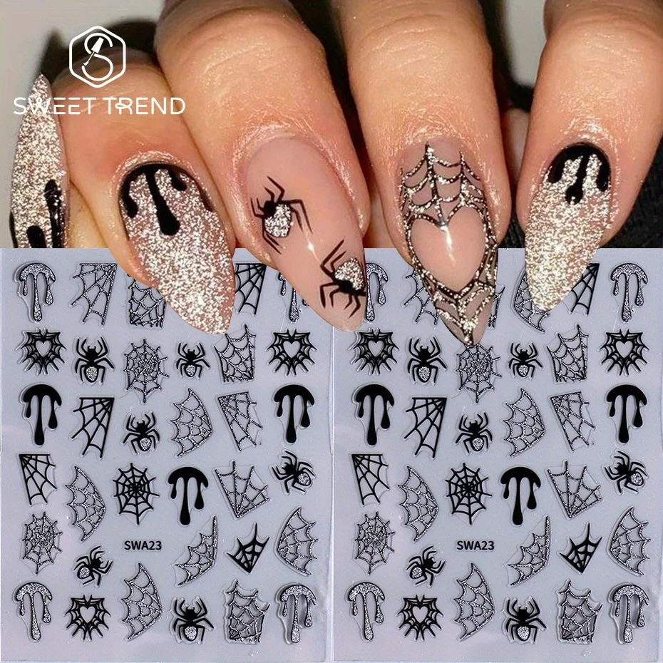 2pcs Holographic Halloween Nail Stickers Black Spider Web Bloody Heart Adhesive Decal Shiny Y2K Charm Foil Gothic Manicure Wraps