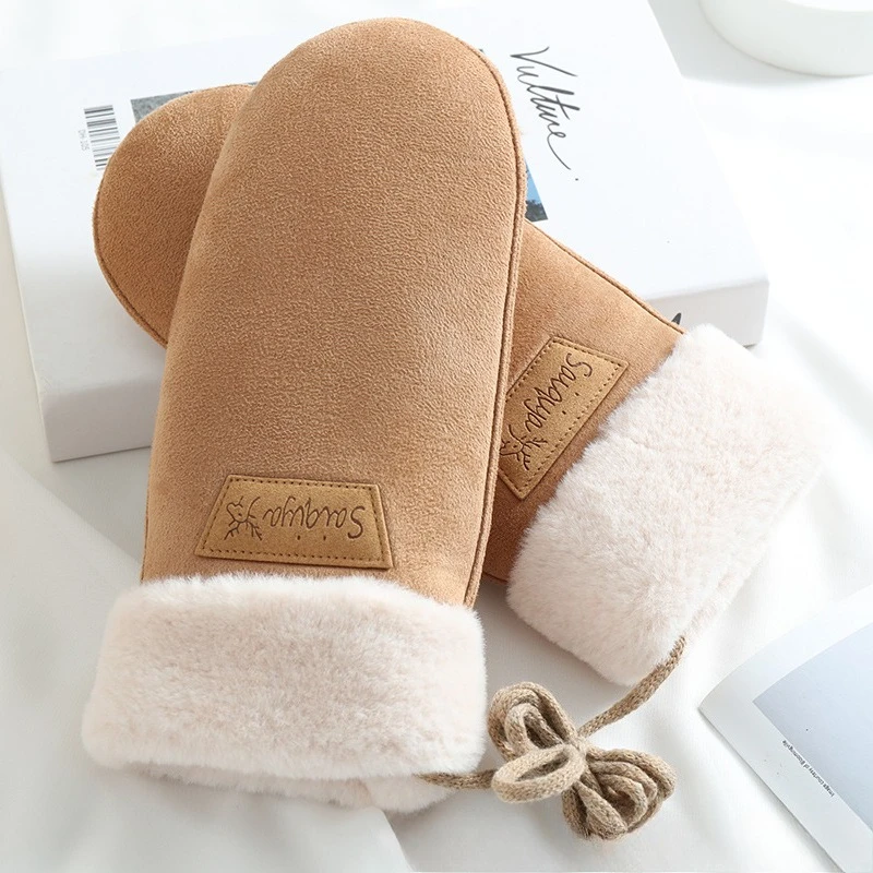 Women's Winter Faux Suede Mittens – Warm, Windproof, Fleece-Lined, and Neck-Hanging (Popular Style)