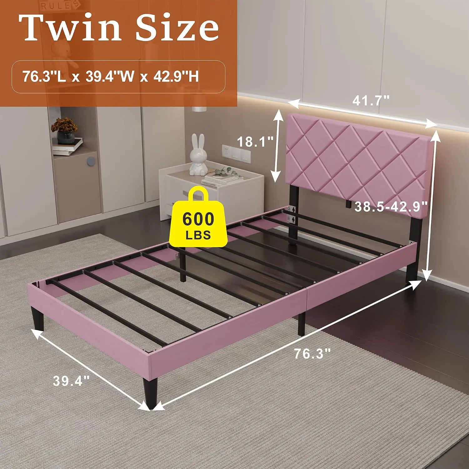 Twin Bed Frames with Adjustable Headboard,Diamond Velvet Upholstered Platform Bed,Single Bed with Strong Metal Slat