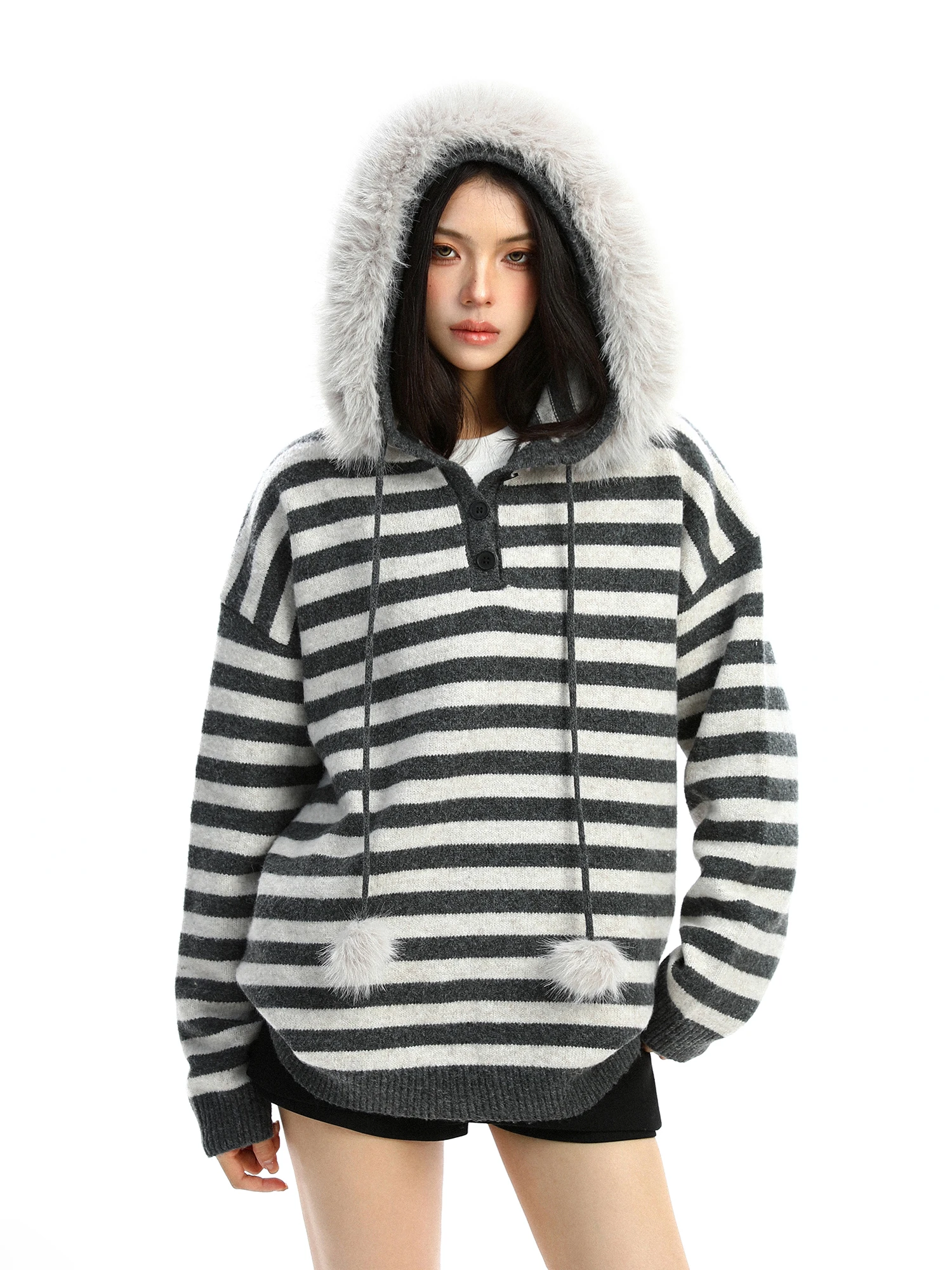 

Корейское вязаное пальто-худи в полоску с цветовыми блоками для женщин, осенне-зимний простой вязаный свитер-топ, теплый утолщенный лонгслив