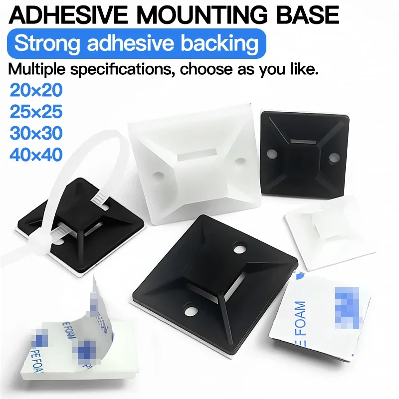 250/500/1000pcs Self Adhesive Nylon Cable Tie Holder Zip Tie Fixed Seat PA66 Plastic Cable Clips 3M Strong Adhesive Tie Mount