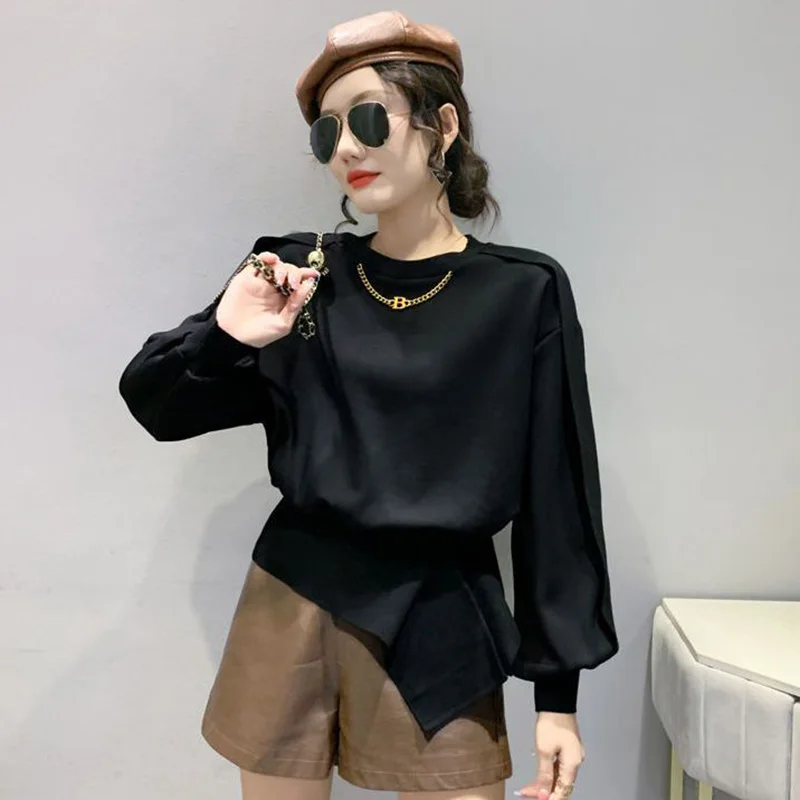 Stylish Solid Color Spliced Irregular Blouse Women\'s Clothing 2022 Autumn New Casual Pullovers Loose Korean Shirt