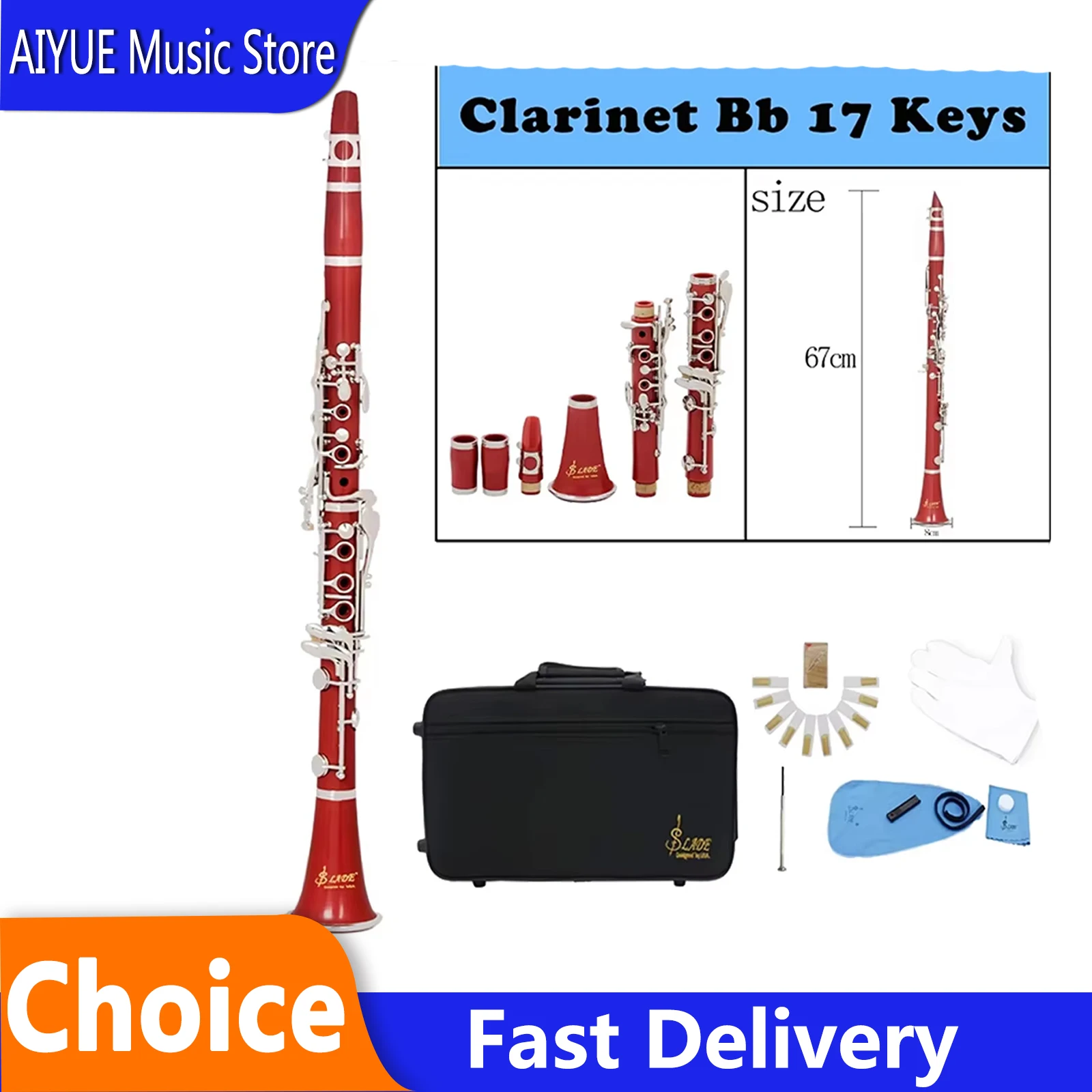 SLADE Bb Clarinet 17 Keys 6 Rings Red Clarinet Portable Woodwind Instrument Smooth Key Action With Complete Accessories