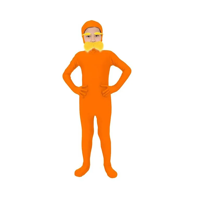 Orangefarbener Ganzkörper-Overall mit gelbem Bart- und Augenbrauen-Set, Cosplay-Kostüm für Familien-Halloween, Karnevalsparty, Verkleidung – Detail 3