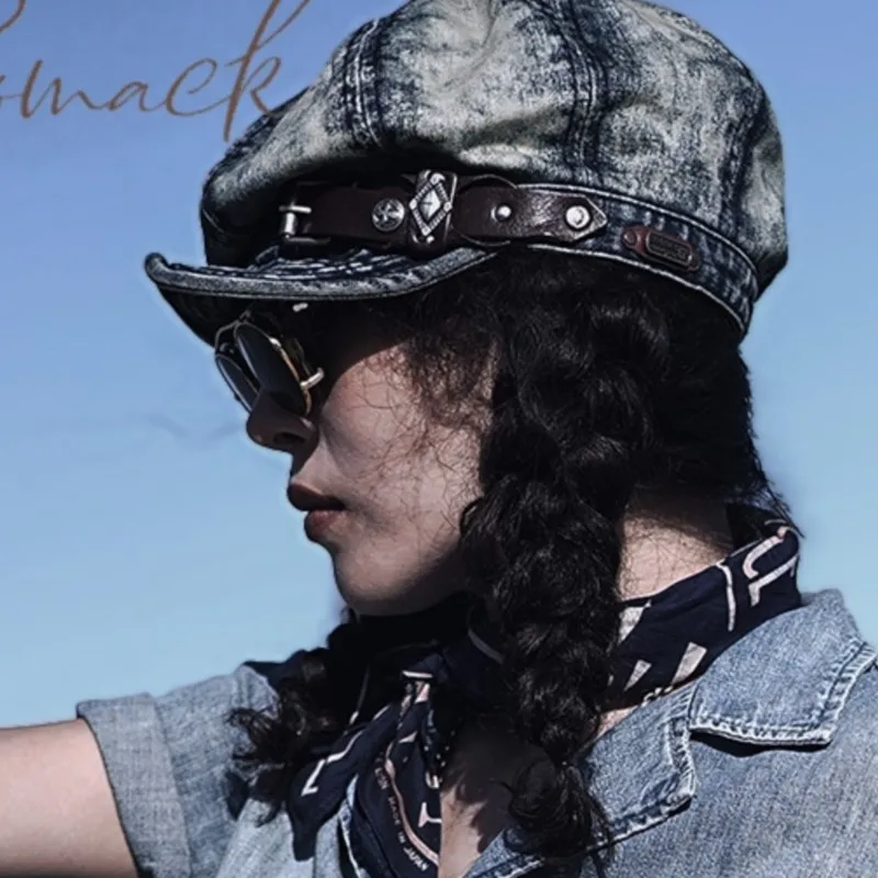 Amekaji Women's Retro Denim Beret Newsboy Cap Artistic All-Matching