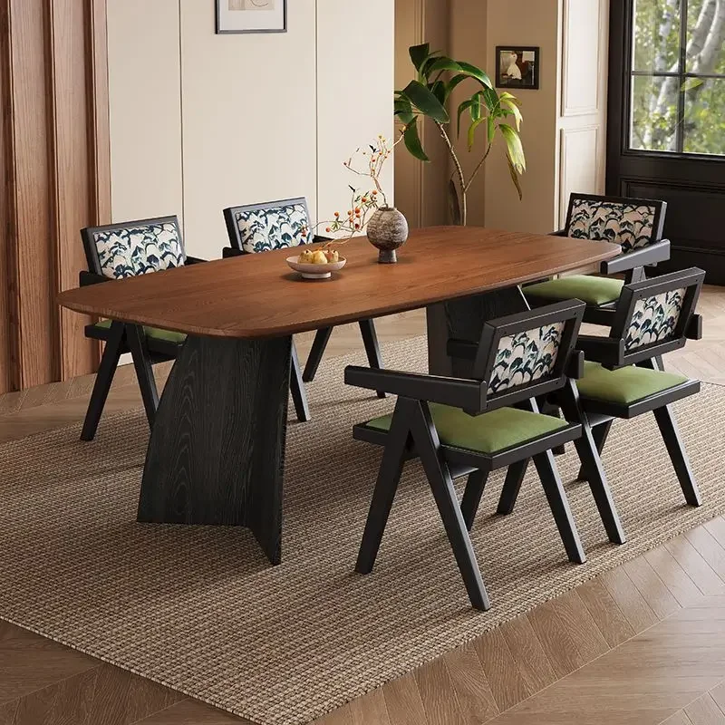 

Medieval style solid wood dining table and chairs household French small apartment rectangular rock slab dining table modern sim