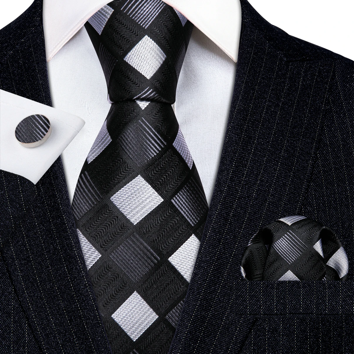 

Designer Silk Ties for Men Black White Plaid Purple Red Blue Paisley Floral Striped Necktie Hanky Cufflinks Set Barry·Wang 6219