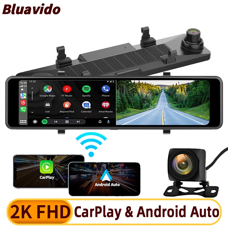 

2K Dash Cam Rearview Mirror Supports CarPlay /Android Auto Wireless Cast Screen GPS Navigation 1080P Car Video Recorder 5G WiFi