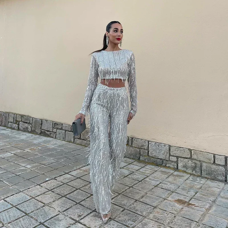 Tassel Sequin Women 2 Piece Set Spring Silver Bright Silk O-neck Crop Tops Wide Leg Pants Female Suit Fashion Street Lady Sets