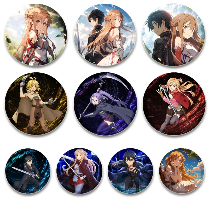 Sword Art Online Tinplate Pins Round Cartoon Snap-in Brooches for Backpack Cothes Accessories Anime Collection Badge Decoration