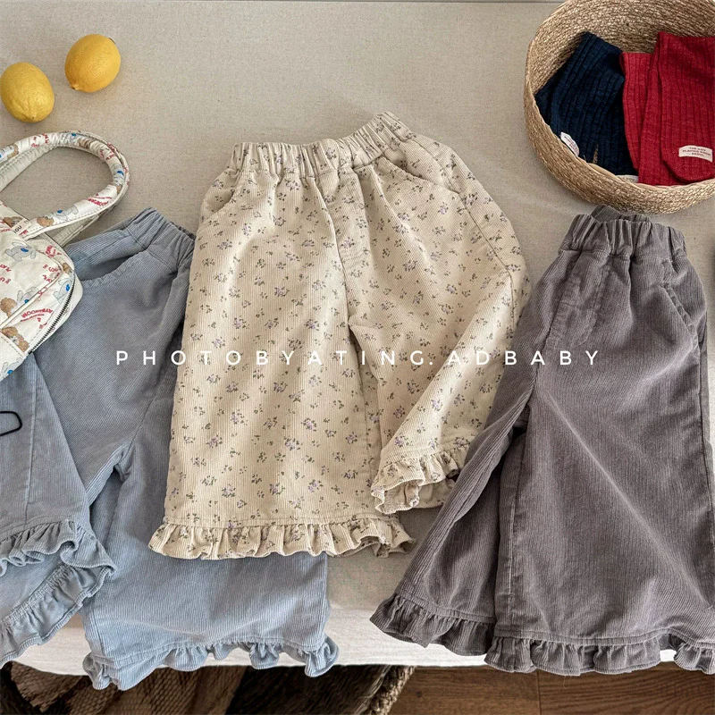 Korean Girls Corduroy Pants Casual Trousers 2026 Spring Autumn 1-7Y Toddler Kids Loose Ankle-length Pants Children\'s Clothing