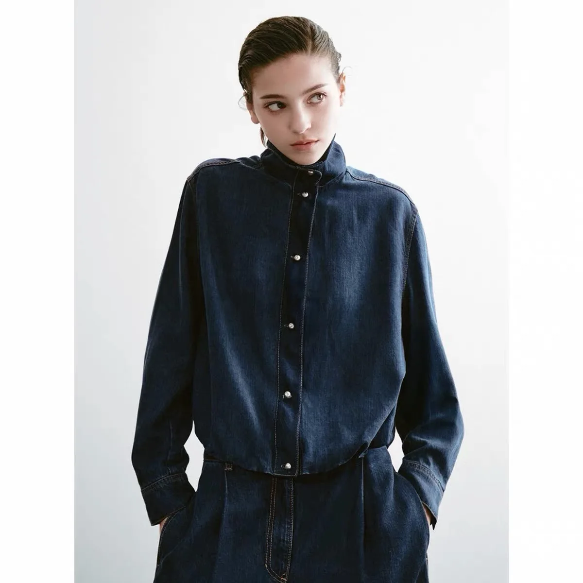 Casual Lemon Cheese OBZ26 Autumn Loose Waist Slimming Denim Top And Jeans Women's Commute Style Long Sleeve Stand Collar Jacket