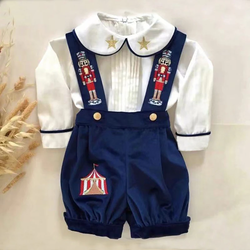 Baby Boy Set Autumn Navy Blue Velvet Soldier Embroidery Vintage for Eid Causal Birthday Photography