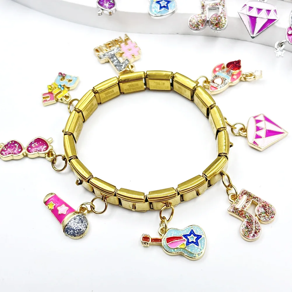 Fashion Colorful Glasses Music Symbol Rocket Pendant Italian Charm Modular Assembled Bracelets Watchband Jewelry for Woman Gift