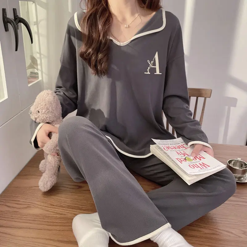 Female Pajamas Women's Spring Autumn 2024 New Long-Sleeved Home Wear Two-Piece Casual Simple Letter Loose V-neck Sleepwear Set