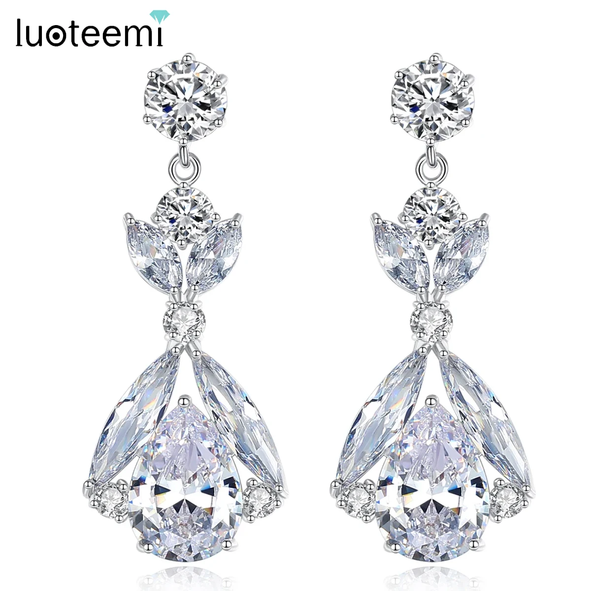 LUOTEEMI Luxury Cubic Zirconia Chanderlier Earring Waterdrop Dangle Drop Pendant Fashion Jewelry for Bridal Girls Chic Accessory