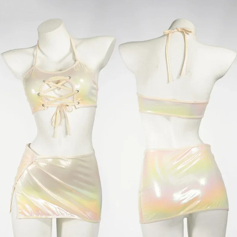 Sexy Open Chest Hollow Bandage Swimsuit Women Laser Two Piece Set Halter Swimwear Anime Cosplay Bikini Maid Nightdress MN5