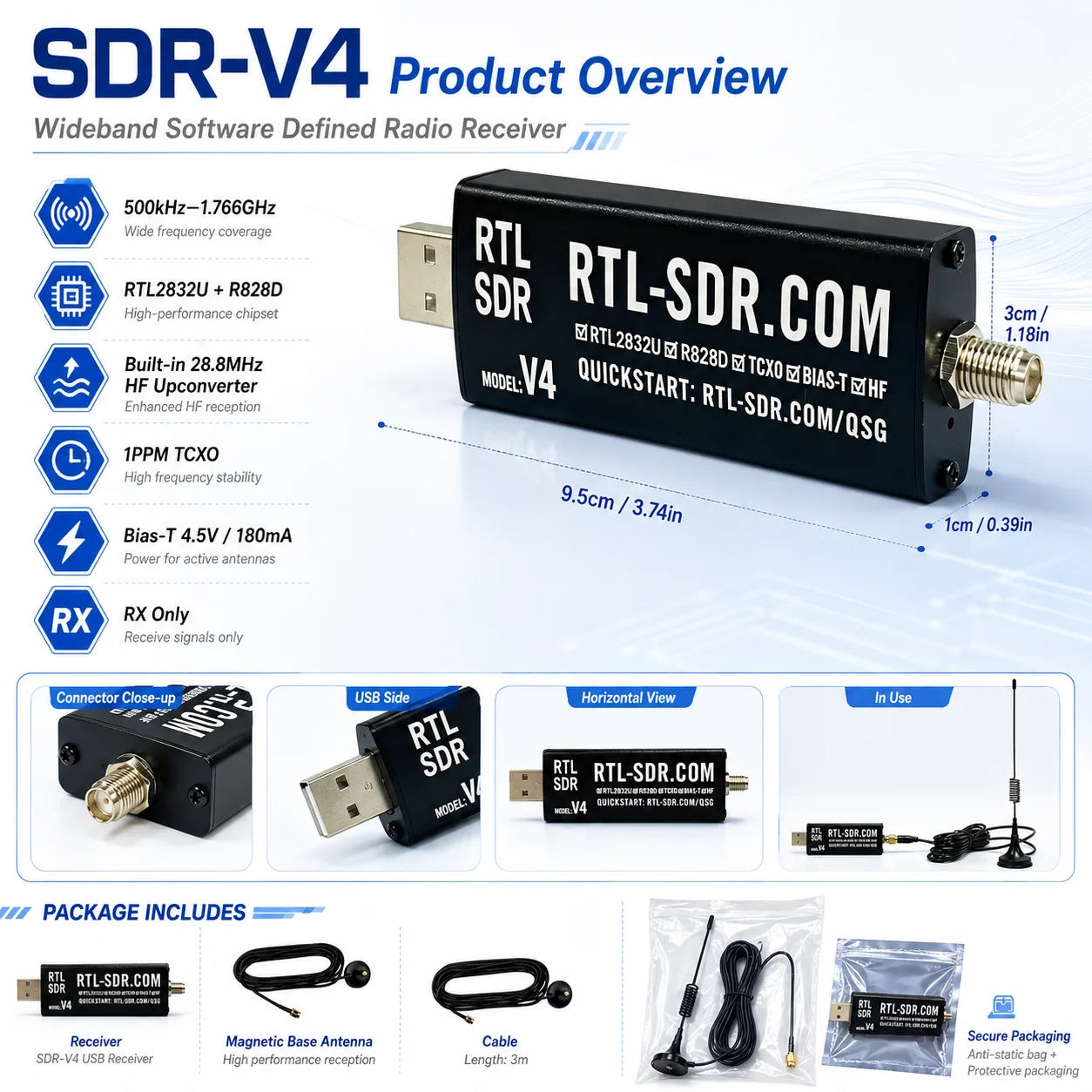 RTL-SDR V4/V2 R828D Software Defined Radio Receiver 500KHz-1.766GHz Tuner Chip Metal Casing SMA Port RTL2832U 1PPM TCXO Bias Tee