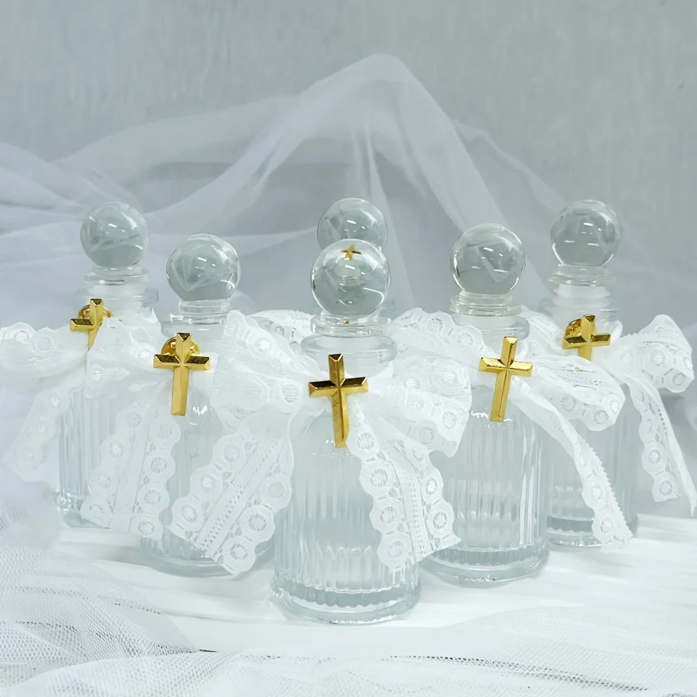 10pcs, 50ml Holy Water Bottles, Christian Glass Bottles Set with Cross Lapel Pins and Lace Ribbon, for Holy Communion Gifts