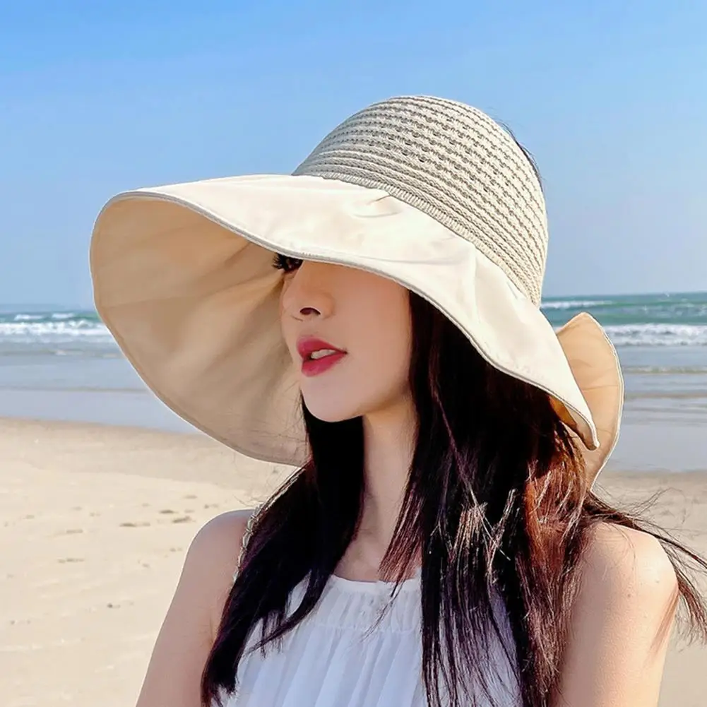 Adjustable  Casual Empty Top Wide Brim Women Beach Hat Anti-UV Beach Hat Stretchy   Camping Stuff