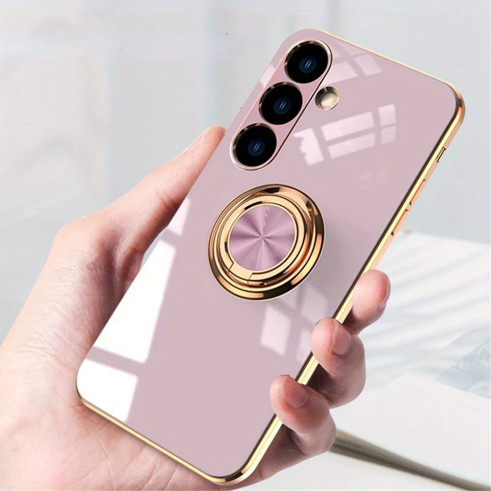 高級メッキTPUリングホルダー付きスマホケース Samsung Galaxy S25 S24 S23 Ultra Plus S24 FE用 レンズ保護 耐衝撃バックカバー