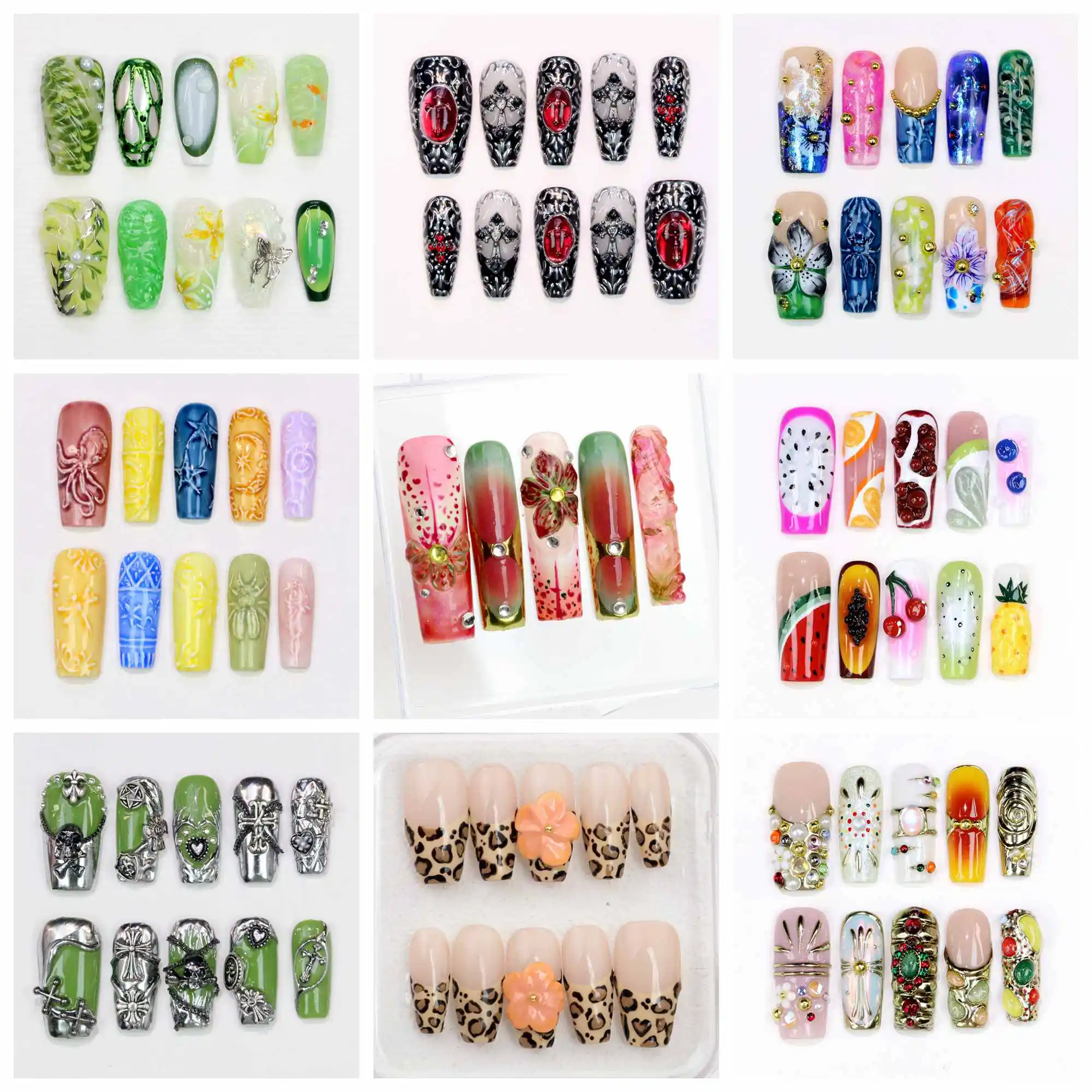 10Pcs 3D beautiful handmade Manicure Press On Nails,Acrylic Fake Handpainted Long Coffin Flowers Custom Design Holiday Nail