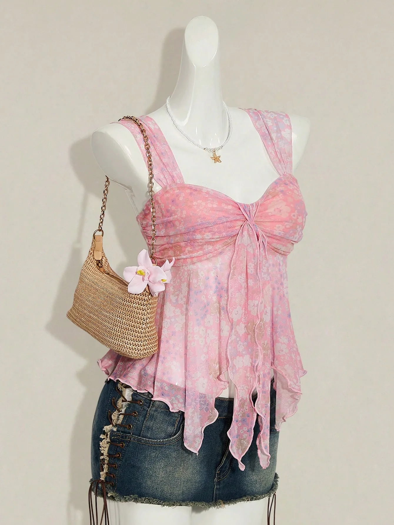 Summer Fashion V-neck Bow Slim Classic Camisole Vests Harajuku Aesthetics Floral Design Slightly Transparent Versatile Tank Tops