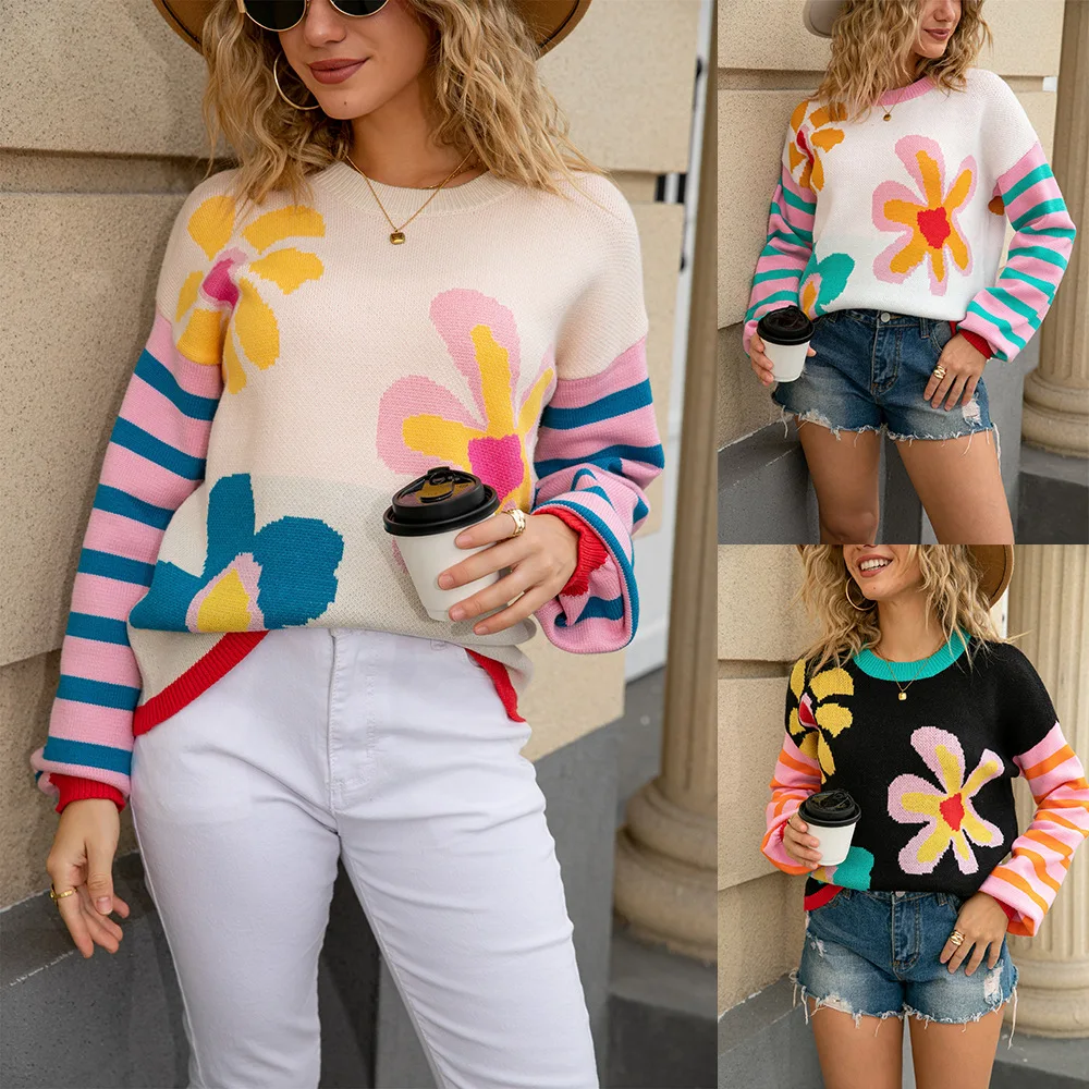 

Pullovers Women Top Sweaters Knitted Round Neck Full Sleeve Jumpers Y2k Streetwear Elegant Floral Knit Autumn Winter 2025