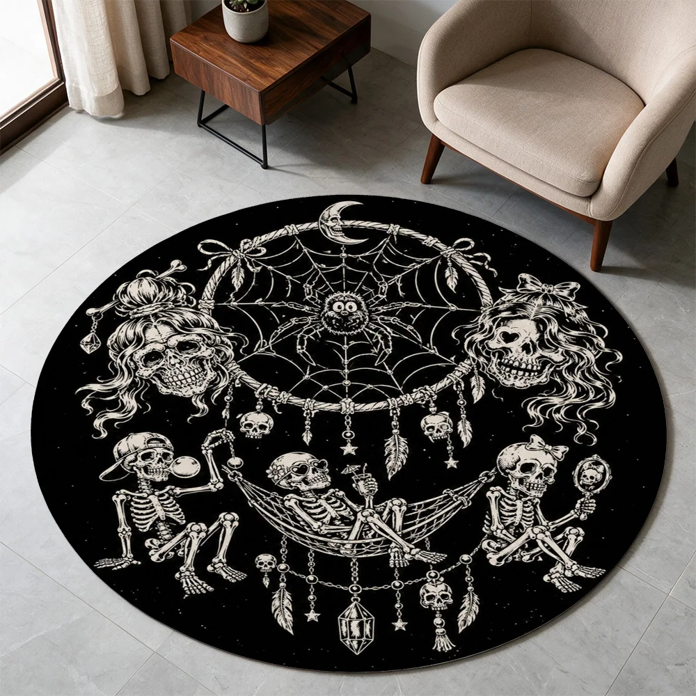 Gothic Skeleton Witchy Moon Dreamcatcher Round Area Rug Bohemian Halloween Spooky Decor Throw Mat