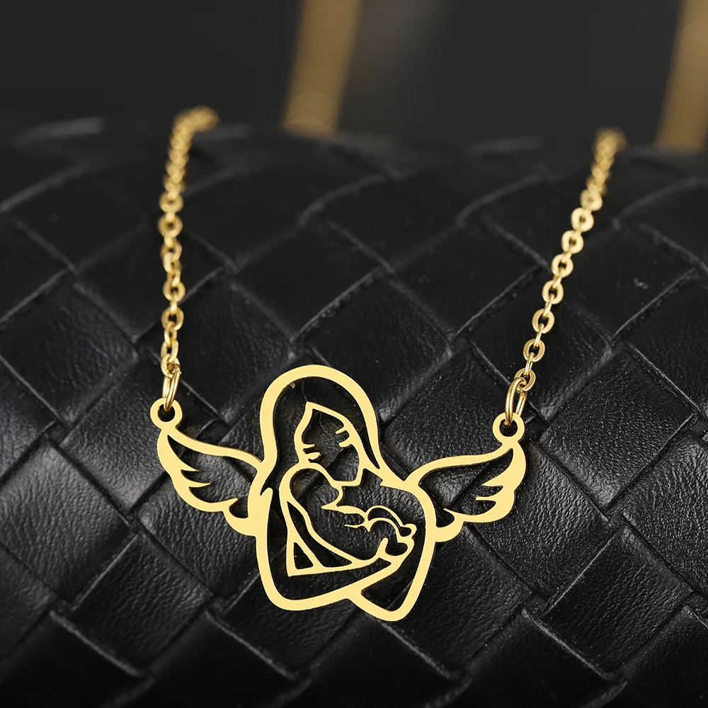 Stainless Steel Necklaces Angel Wings Mother Baby Pendants Chains Charms Choker Fashion Necklace For Women Jewelry Mama Gifts