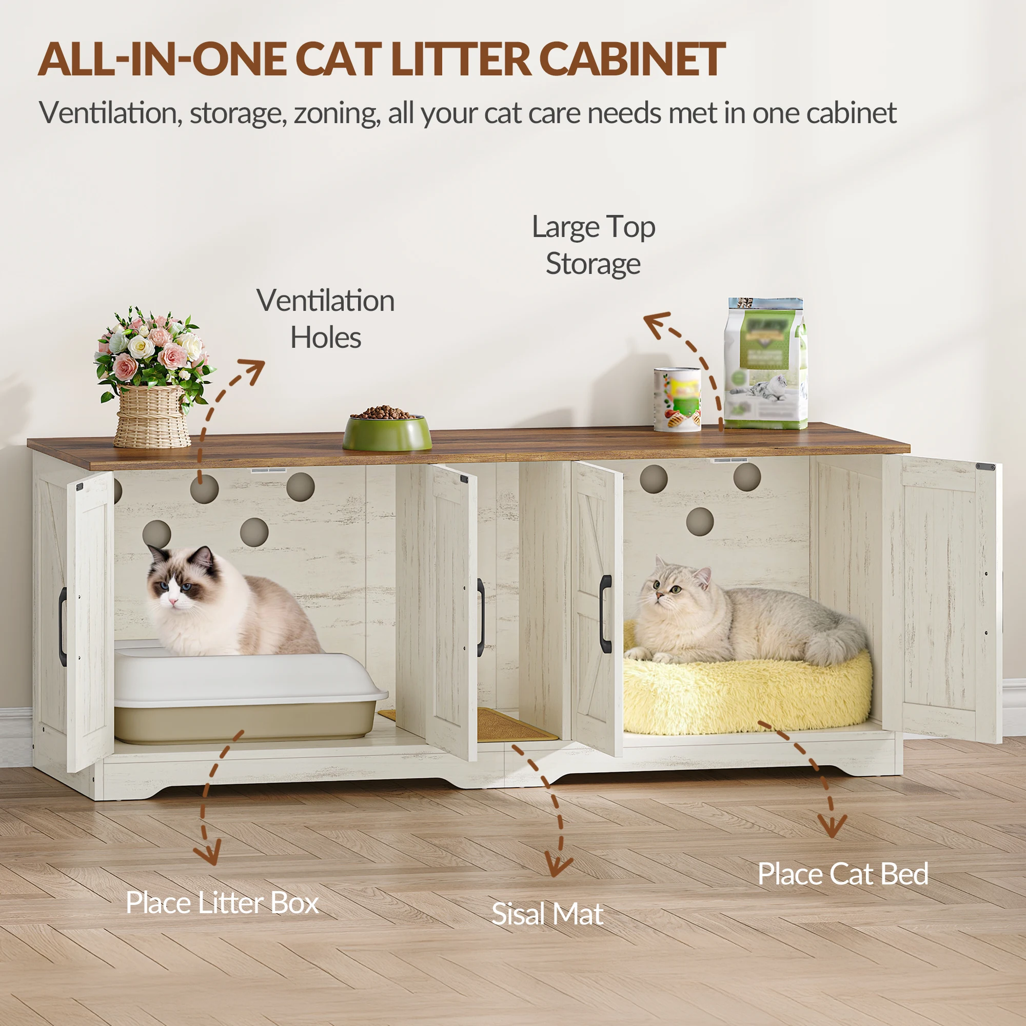 Mobiletto per lettiera per 2 gatti, mobiletto per lettiera nascosta, con tappetino antigraffio, per soggiorno e camera da letto, marrone e bianco