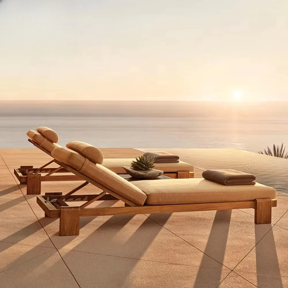 Hot Sale Outdoor Solid Wood Waterproof Pool Lounge Chair Garden Patio Daybed Teak Wood Sun Lounger for Hotel for Villa