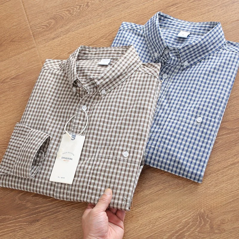 

Autumn Men's Pure Cotton Waed Comfortable Loose Breathable Button-Down Casual Plaid Long Sve irt Men's Faion Clothing