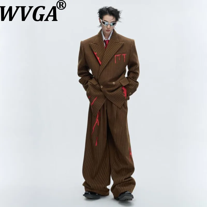 

WVGA Spring Autumn New Men Tide Vintage Striped Blazer Niche Chic Casual High-end Straight Suit Pants Two Pieces Sets Ins W17348