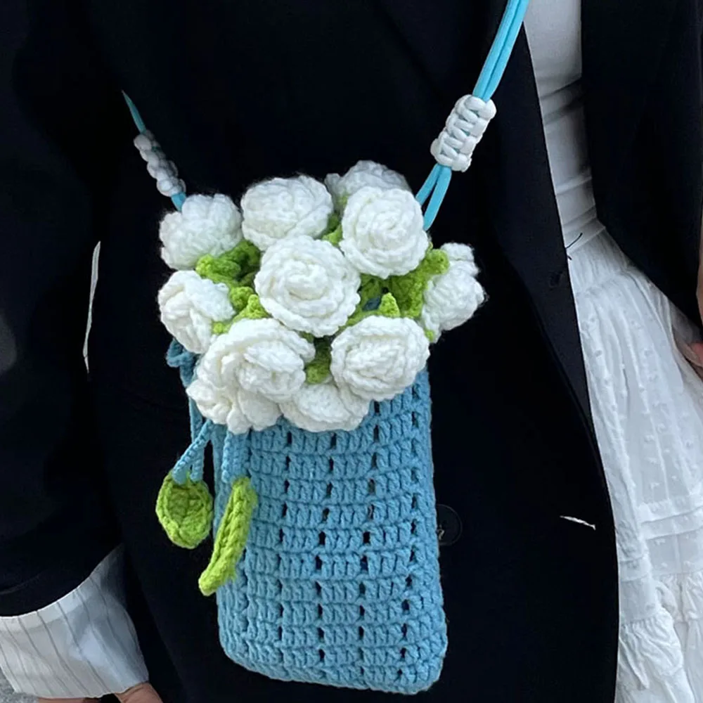 

Vintage Women Knitting Phone Bag Contrast Color Rose Flower Pattern Mini Crossbody Bags Female Leisure Shopping Messenger Packs