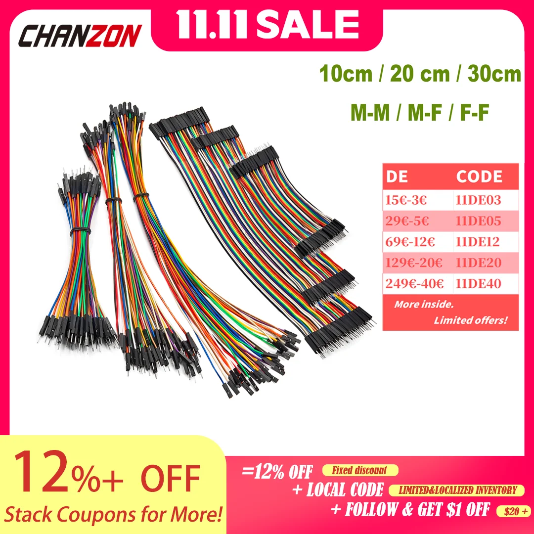 

10cm 20cm 30cm 24AWG Dupont Cable Line Copper Long Ribbon Jumper Wire Male Female Connector Kit Set for DIY Arduino Breadboard