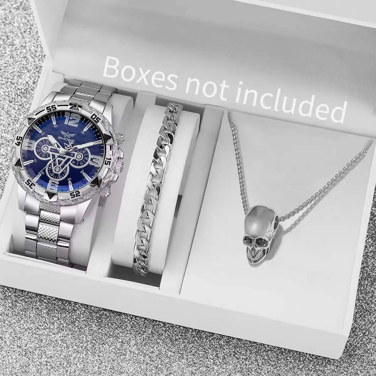 男性用ステンレススチールクォーツ時計,ラージダイヤル,ビジネスジュエリーセット,ボックスなし,ファッション,3個