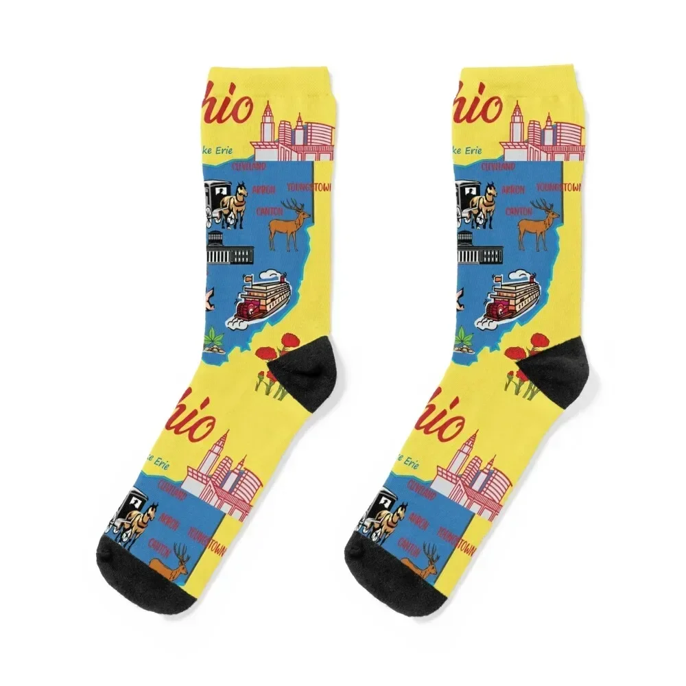 Ohio map with major cities Tourist Destinations, Ohio state, USA, flag Socks designer cartoon Sports Boy Socks Women's