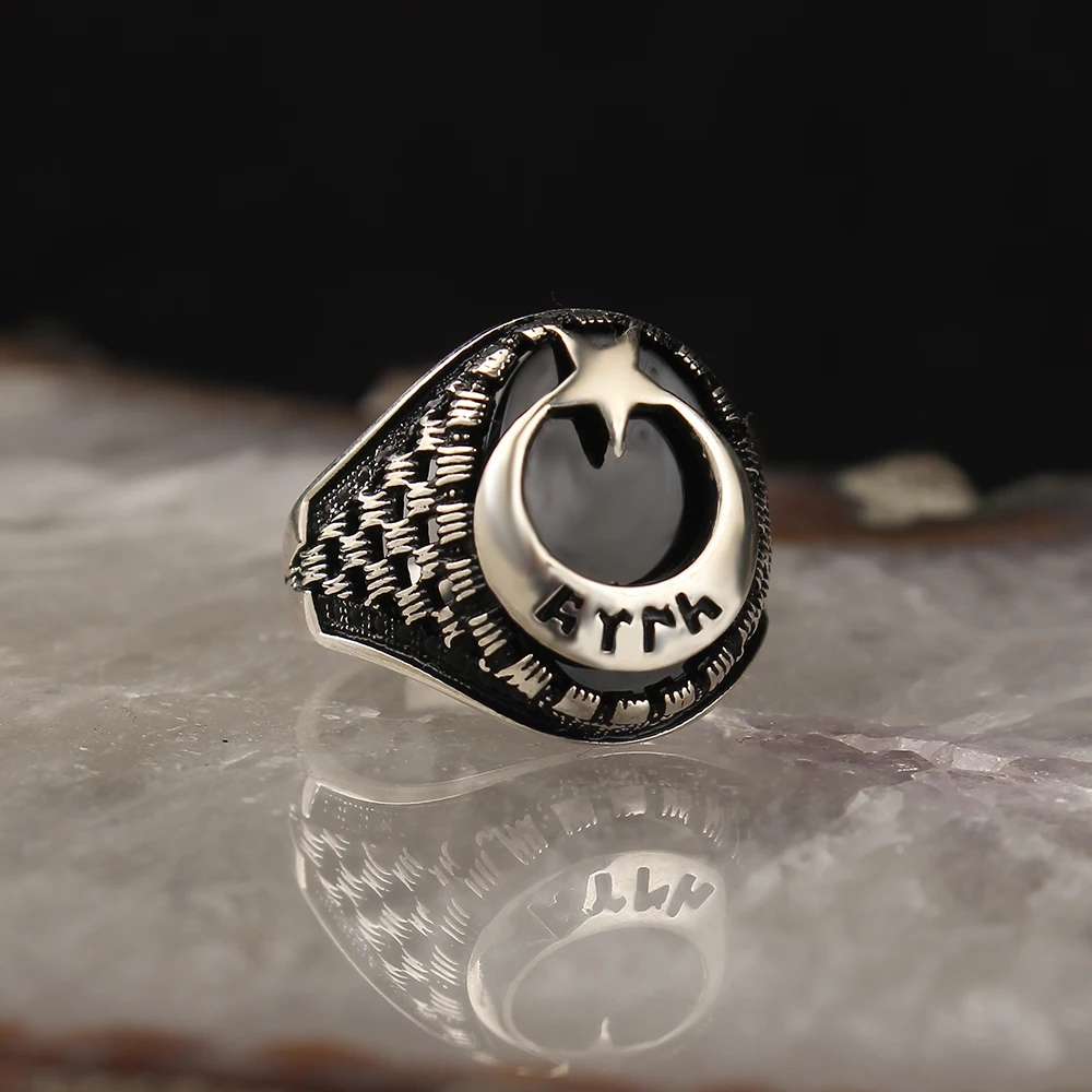 

Onyx Stone Ayyıldızlı Turkish Written 925 Sterling Silver Men 'S Ring