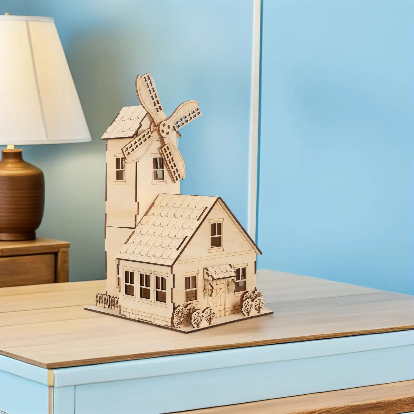 1 ensemble de puzzle 3D en bois Moulin à vent, style européen, kit de maison à assembler soi-même, activité STEM pour enfants, expérience scientifique - Moulin à vent