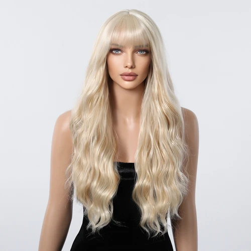 Imagen 2 del producto Pelucas sintéticas onduladas largas de color rubio mezclado platino ALAN EATON con flequillo, pelucas naturales para mujeres, fibra resistente al calor, uso diario para fiestas