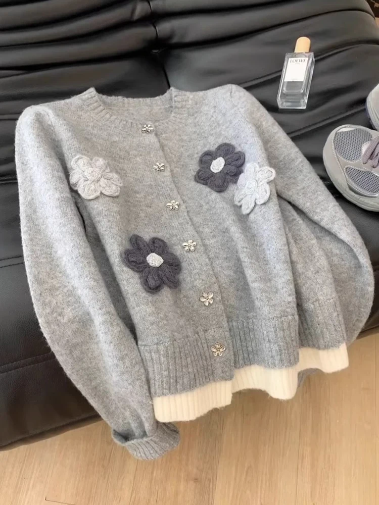 Handmade Flower Appliqué  knitted Sweater Women Long Sleeved O-neck Soft Cardigan   Korean Loose Gray Single Breasted Short Coat