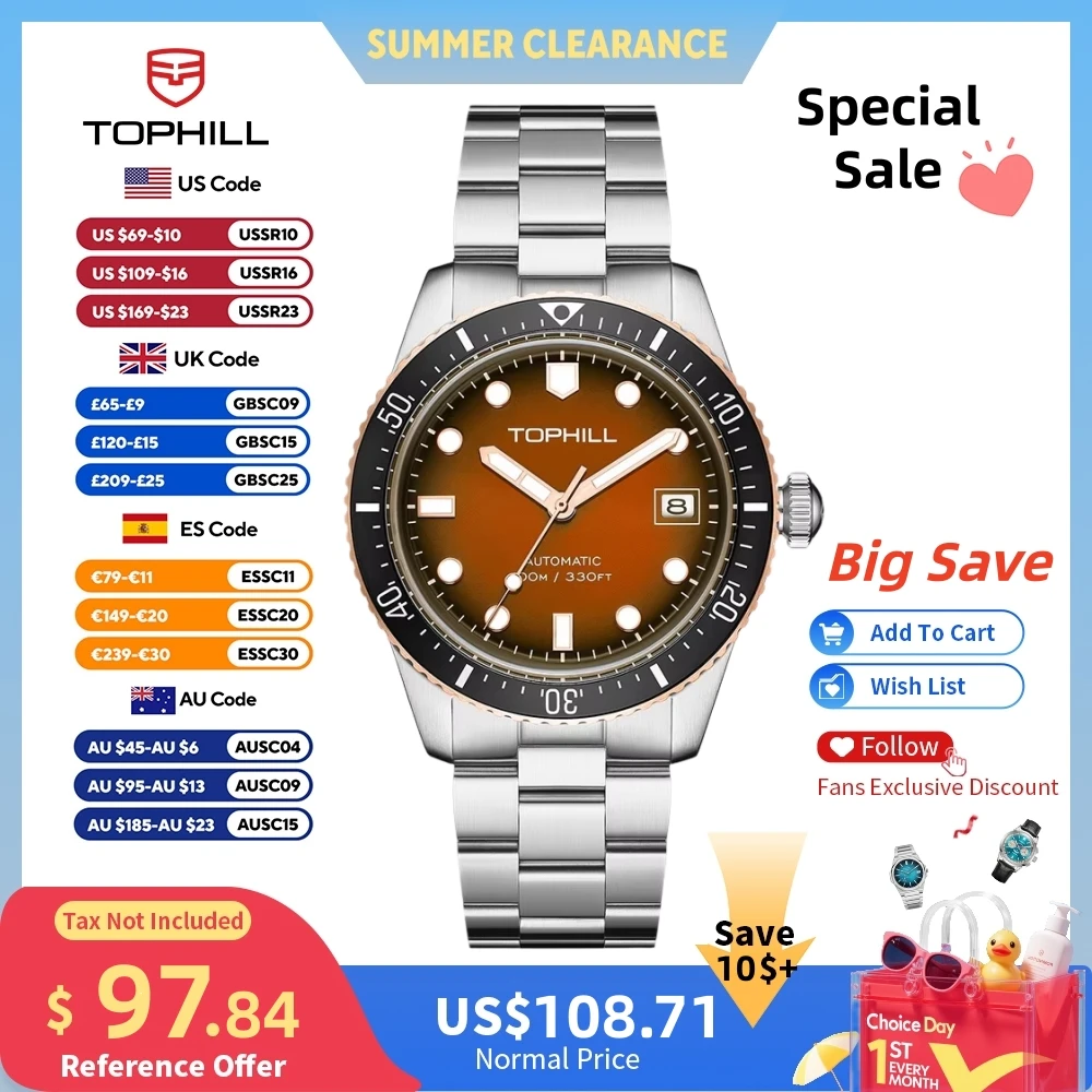Montres mécaniques pour hommes TOPHILL 40 mm NH35 automatiques, lunette en aluminium, 10 bars, verre minéral, luminescent C3, 316L TD010G