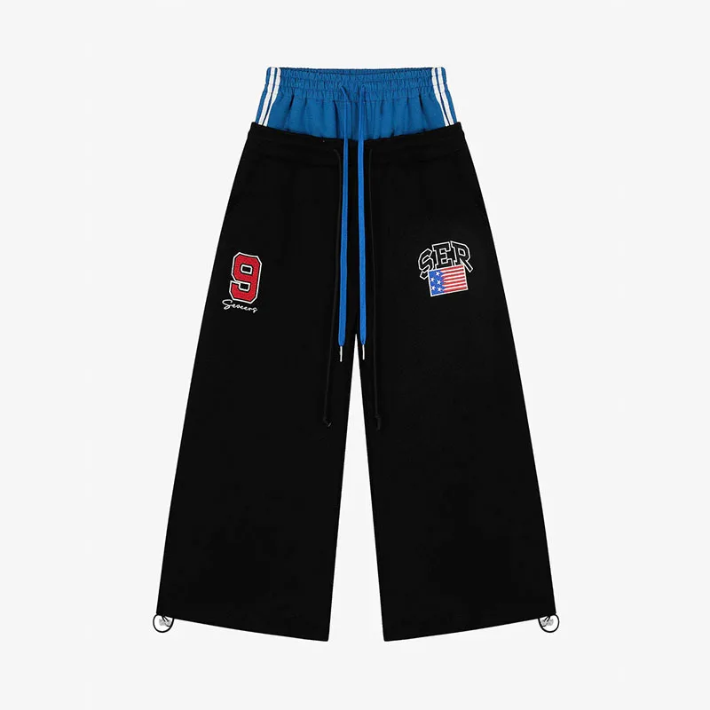 

American street trend ins style double trousers design embroidery pattern loose trousers unisex 2026 fashion new style.
