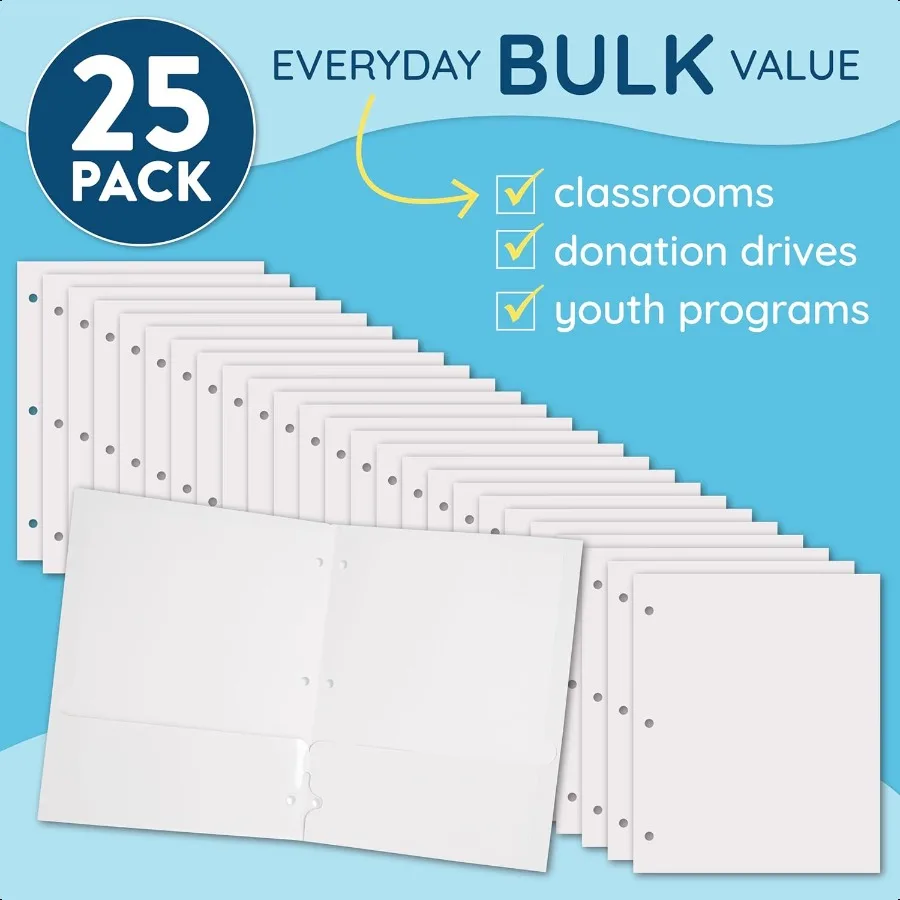 مجلدات بيضاء من بلو سميت مع جيوب، مجلدات مغلفة باللون الأبيض اللامع مع جيوب وفتحة لبطاقة الأعمال، 25 عبوة