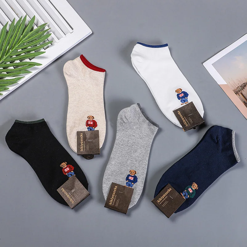 5 Pairs Gentleman Cartoon Bear Men\'s Socks Cotton Thin Harajuku Breathable Summer Business Personality Boat Sox Christmas Gift